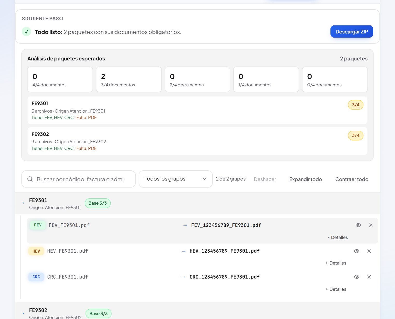 Varias atenciones: dos paquetes completos con sus PDF renombrados y el aviso «Todo listo» para descargar el ZIP